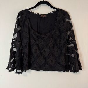 Shyanne Women's Black Diamond Embroidered Mesh Top Square Neck Size XS